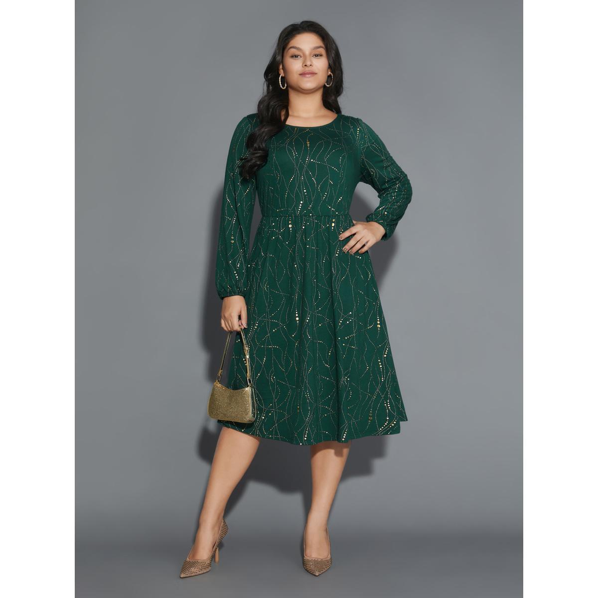 Plus Size Glitter Crew Neck Waist-Cinched Dress Truegreen Women Cocktail Texture Party Curvy Bloomchic 26/4X Product Image