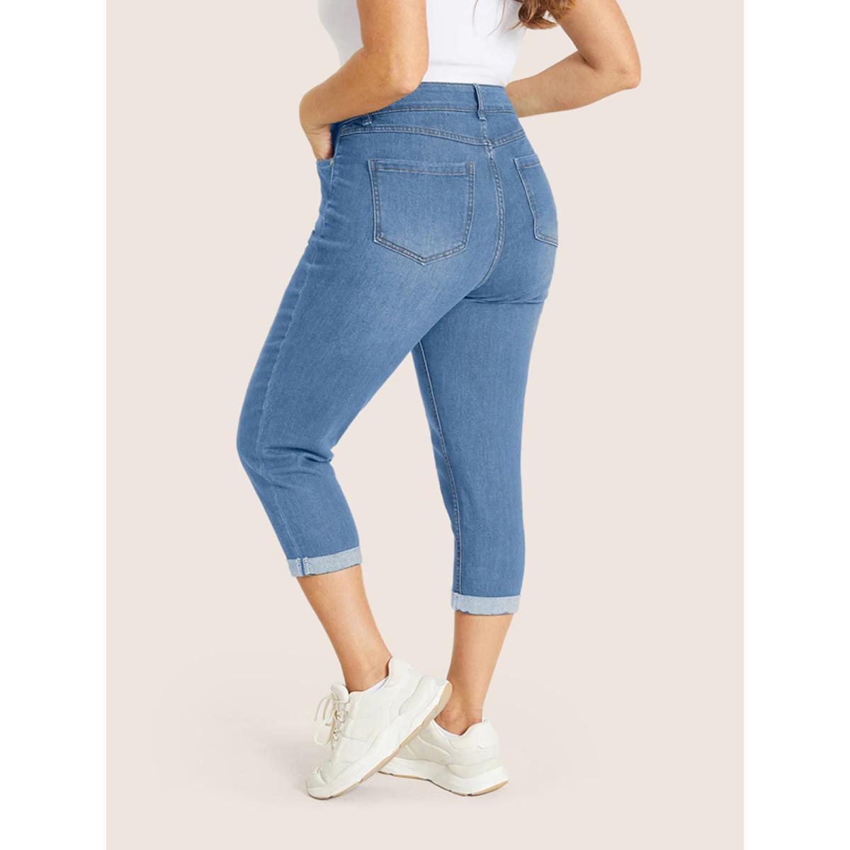 Plus Size Very Stretchy High Rise Dark Wash Cropped Jeans Women LightBlue Casual Plain High stretch Slanted pocket Jeans BloomChic 12/L Product Image