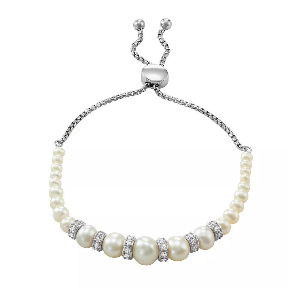 Sterling Silver Freshwater Cultured Pearl & Lab-Created White Sapphire Bolo Bracelet, Women's, Size: 9" Product Image
