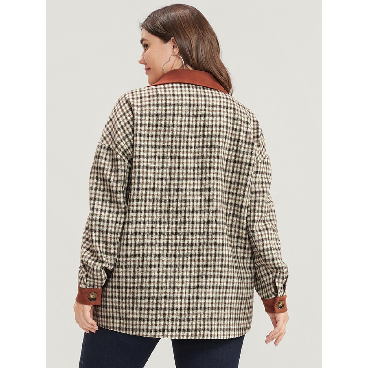 Plus Size Gingham Contrast Button Up Flap Pocket Coat Women Chocolate Casual Patchwork Ladies Dailywear Winter Coats BloomChic 14-16/1X Product Image