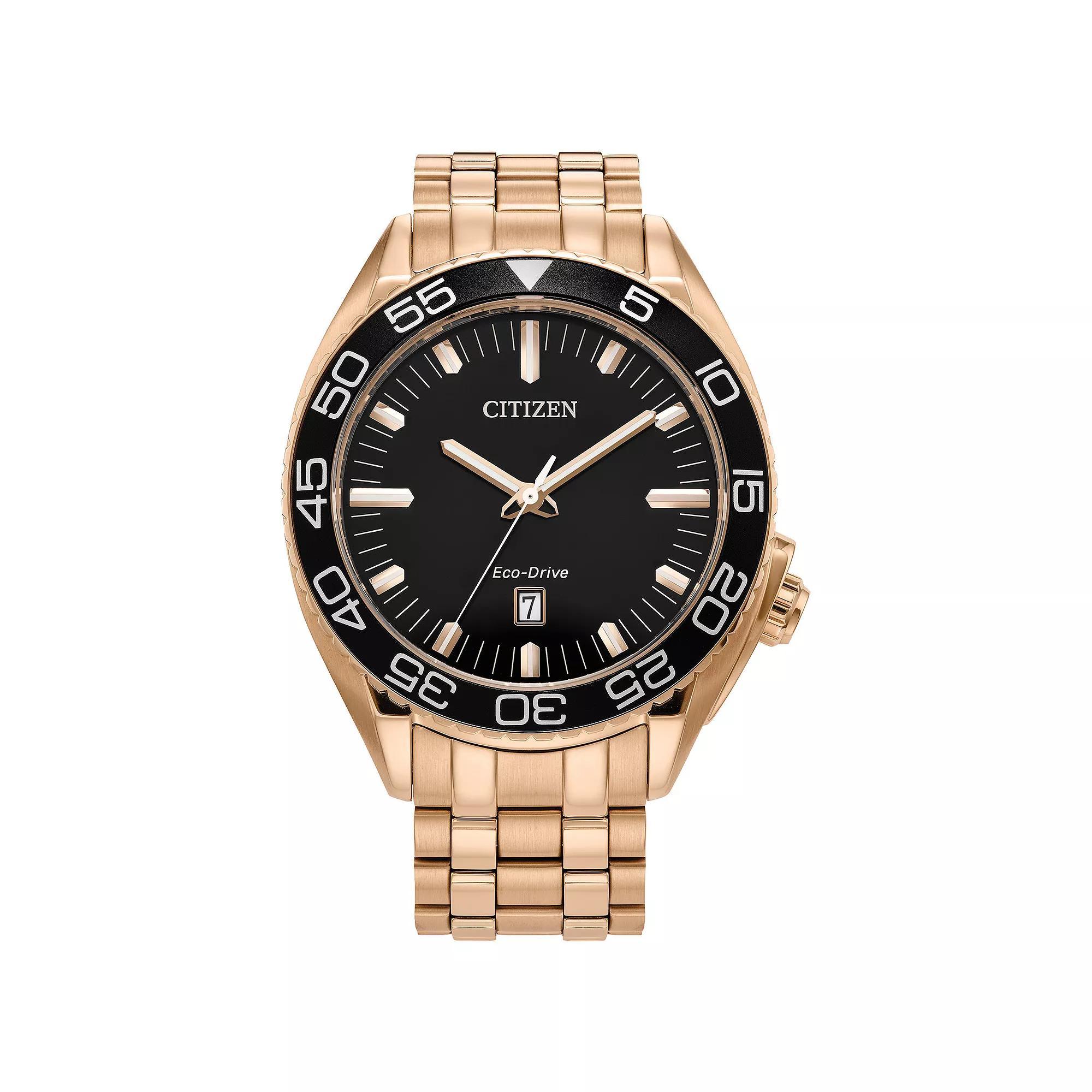 Citizen Mens Eco-Drive Sport Luxury Carson Rose Gold Tone Stainless Steel Black Dial Bracelet Watch Rosegold Product Image