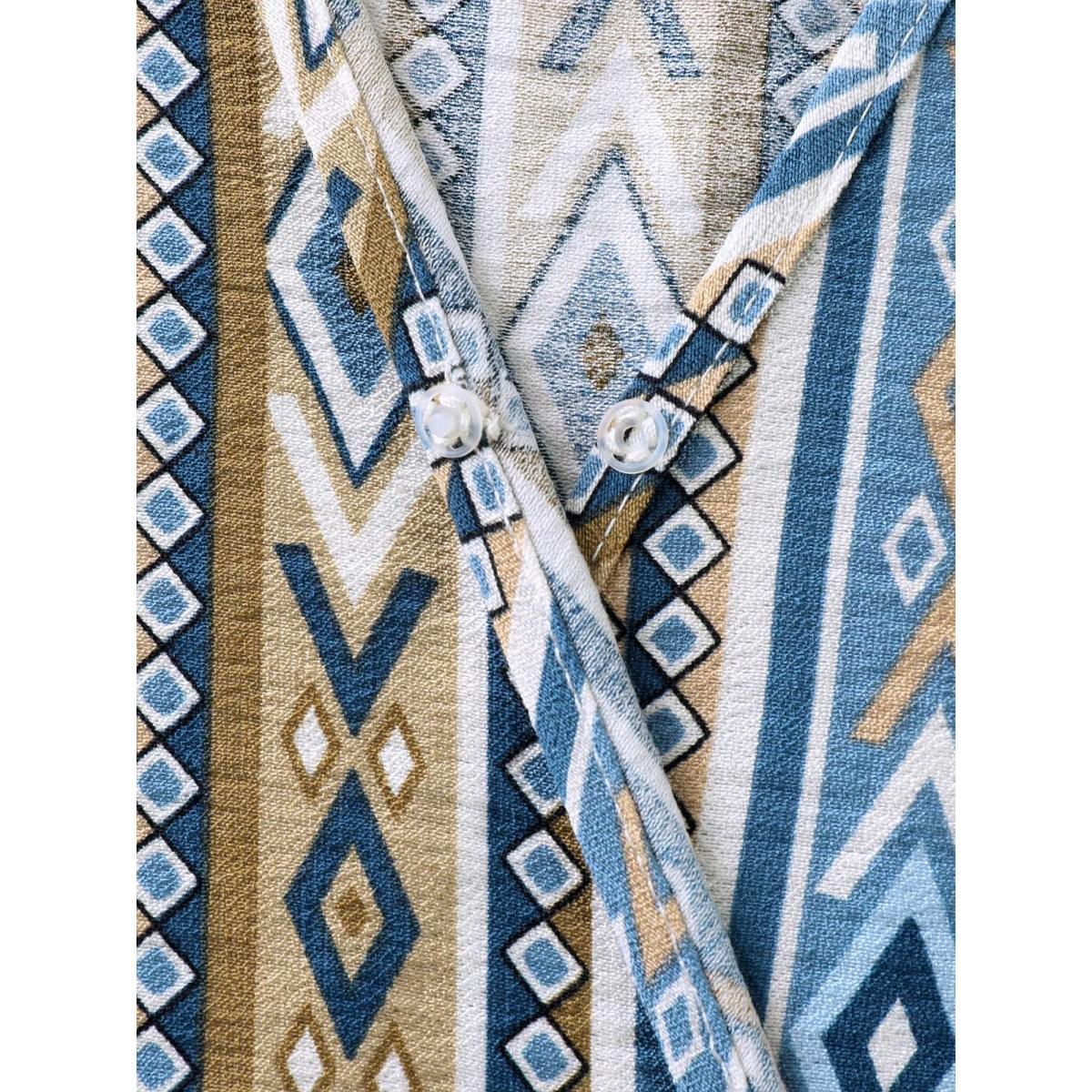 Plus Size Boho Stripes Rayon Pockets Maxi Dress Stone Women Overlap Collar Short sleeve Curvy BloomChic 14-16/1X Product Image