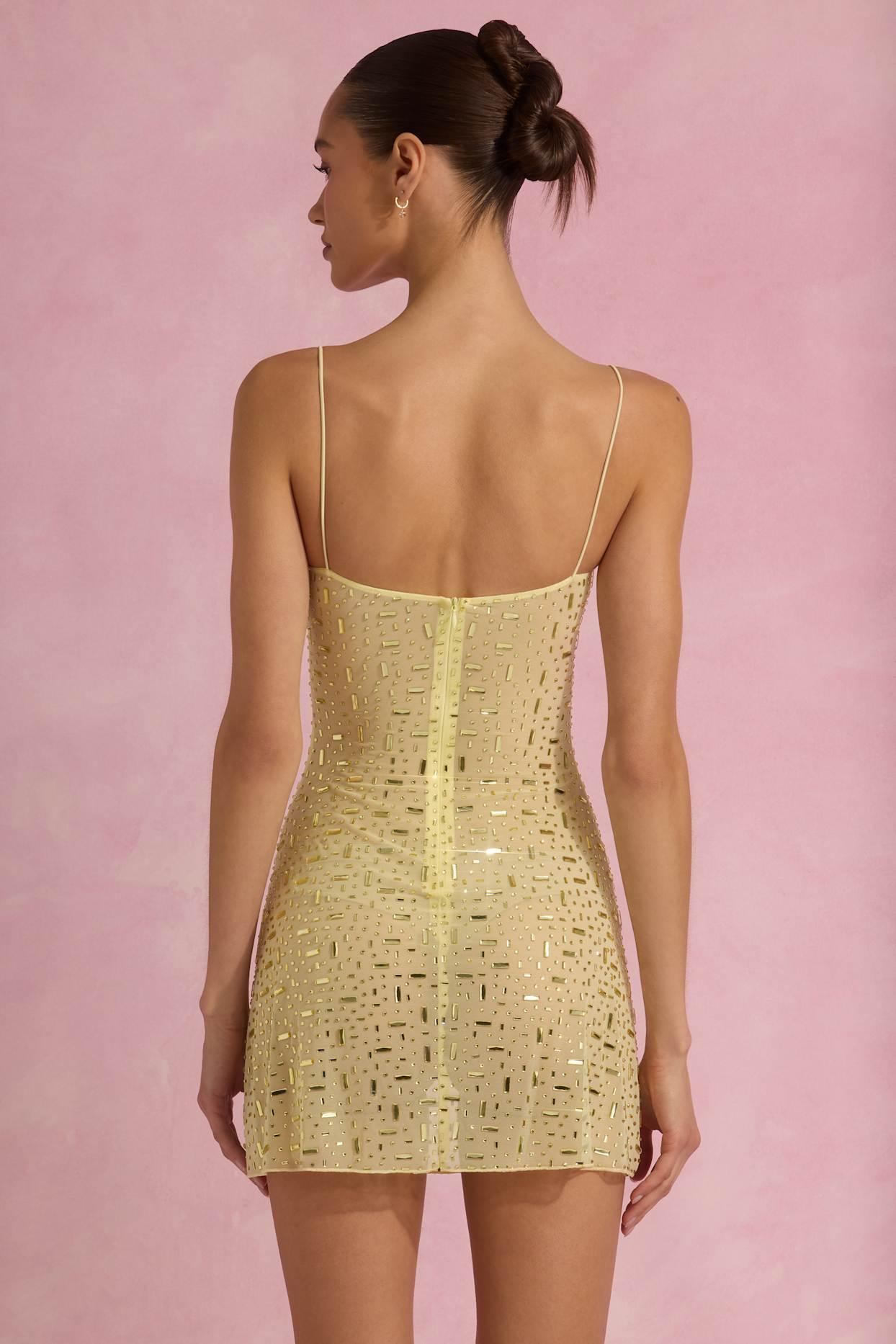 Sheer Embellished Square-Neck Mini Dress in Yellow Product Image