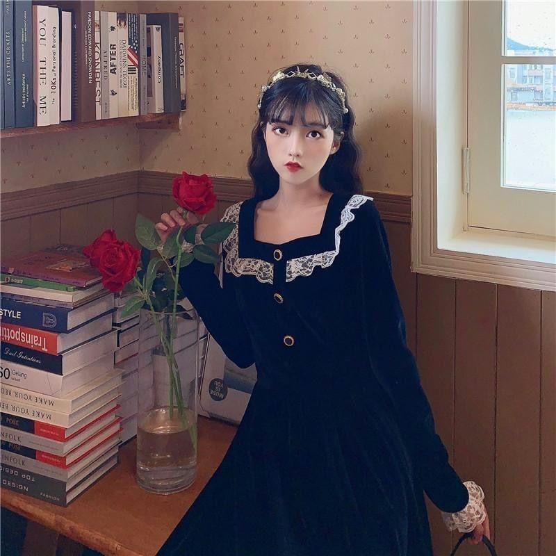 Long-Sleeve Square Neck Plain Lace Trim Midi A-Line Dress Product Image