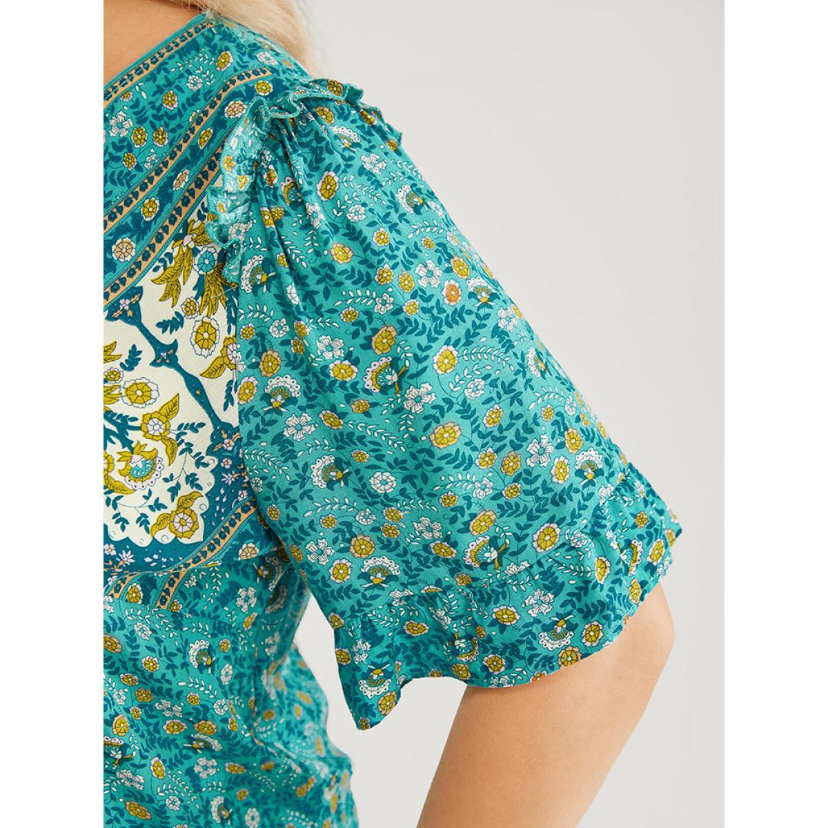 Plus Size Emerald Bandana Ruffle Trim Knot Front Button Detail Blouse Women Elegant Short sleeve V-neck Dailywear Blouses BloomChic 10/M Product Image