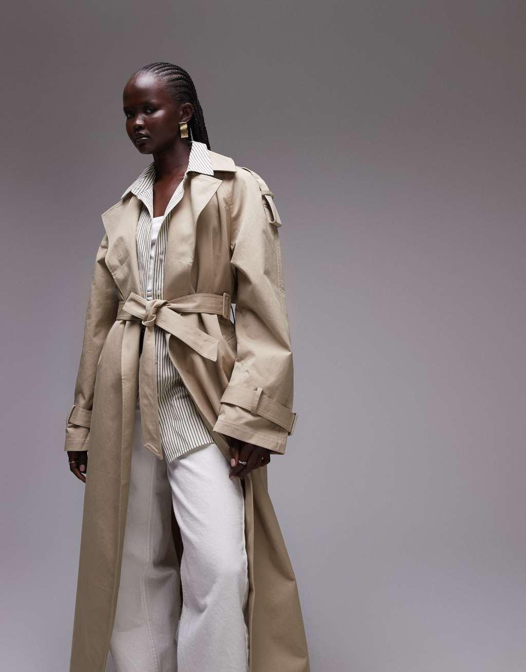 Topshop minimal trench coat in taupe Product Image