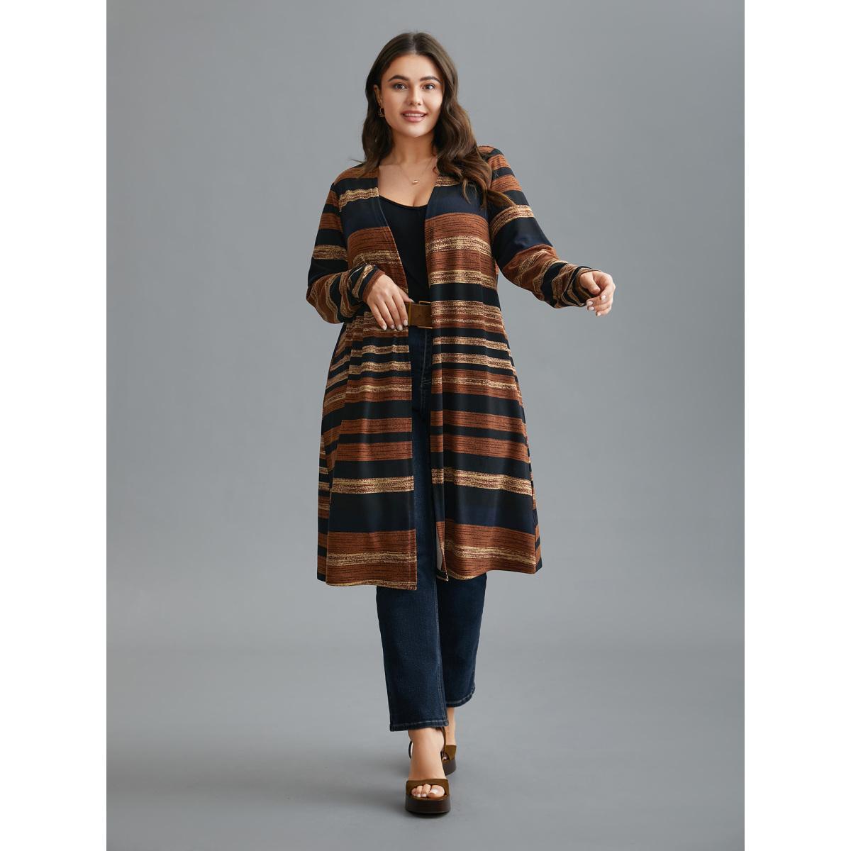 Plus Size Multi-Color Striped Open-Front Long Jacket Women Multicolor Contrast Loose Everyday Jackets BloomChic 22-24/3X Product Image
