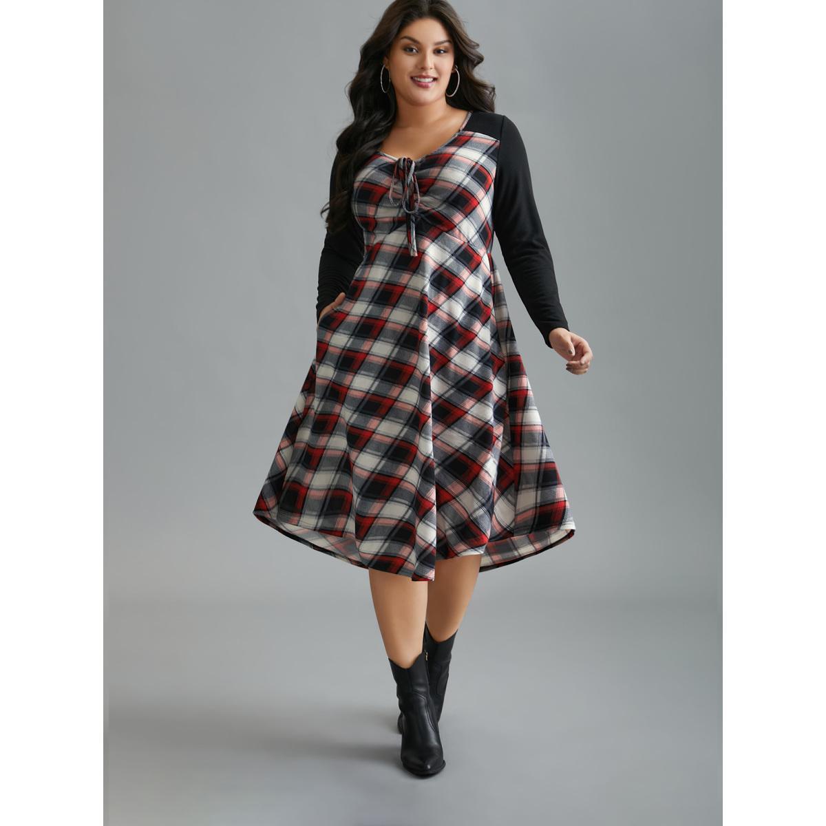 Plus Size Plaid Patchwork Ties Curved Hem Dress BlackFlower Women Casual Patchwork Knit Dresses Bloomchic 18-20/2X Product Image