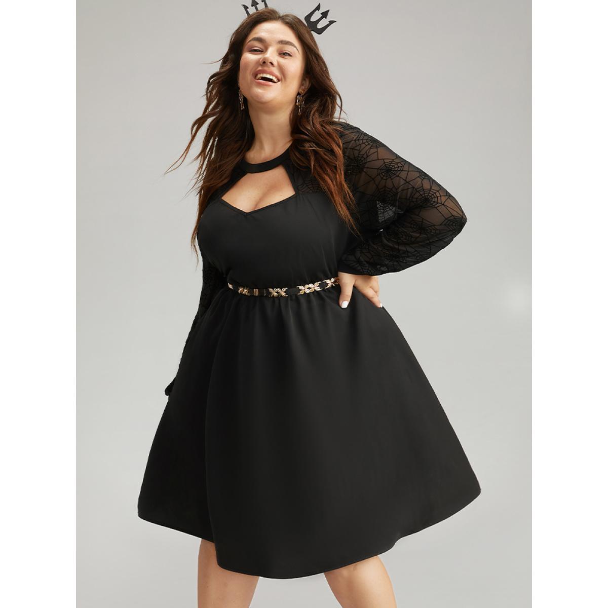 Plus Size Anti-Wrinkle Halloween Keyhole Mesh Pocket Dress Black Women Elegant See through Round Neck Long Sleeve Curvy Knee Dress BloomChic 18-20/2X Product Image