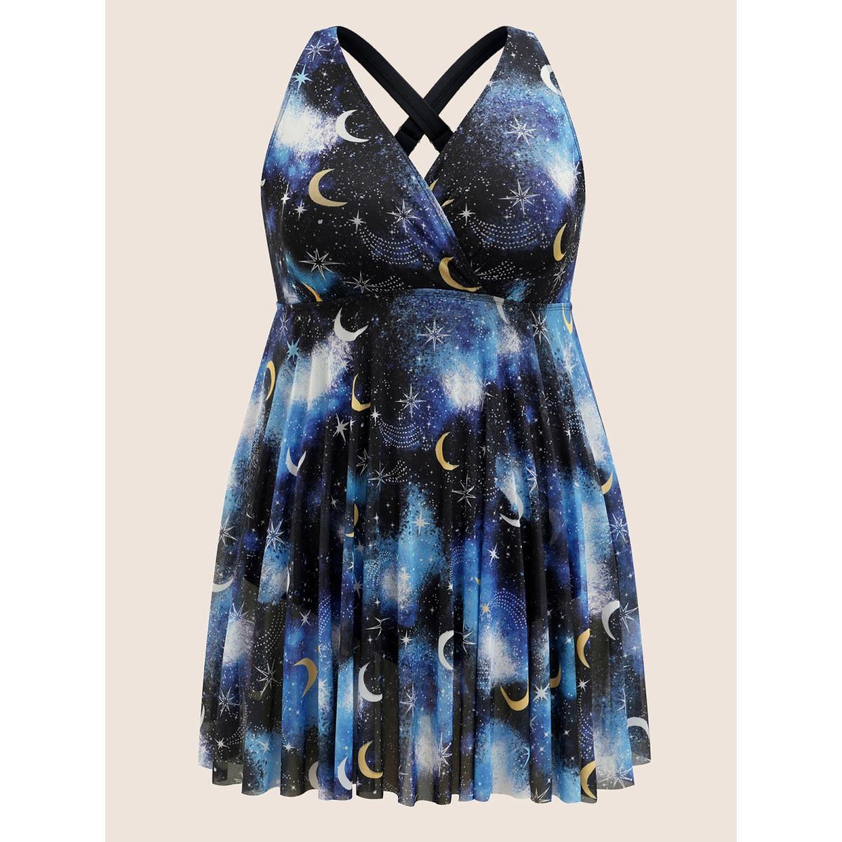 Plus Size Overlap Collar Star & Moon Mesh Swim Dress Women's Swimwear Black Beach Bodycon Overlap Collar High stretch Curve Swim Dresses BloomChic 14-16/1X Product Image