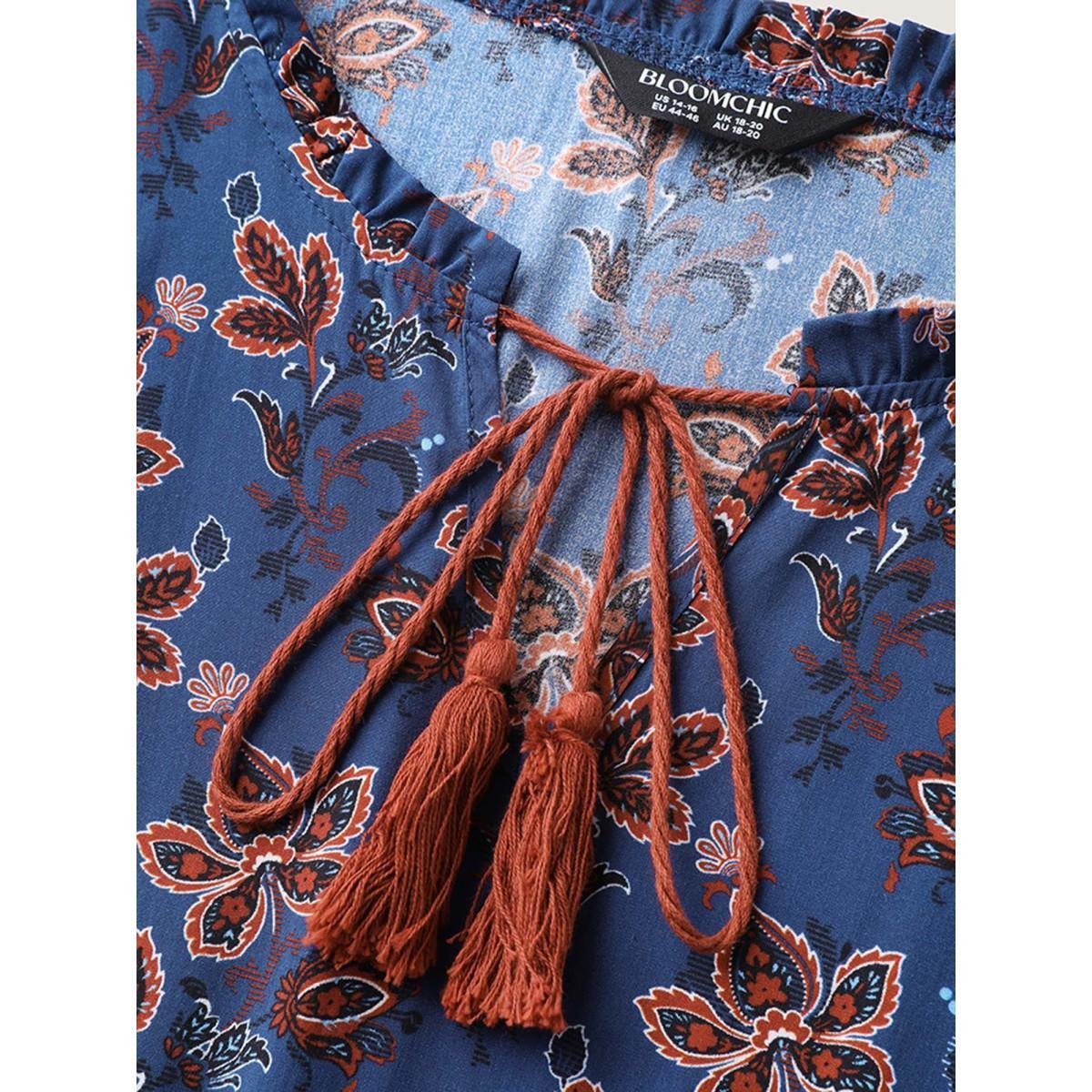 Plus Size Boho Floral Neck Tie Midi Dress DarkBlue Women Notched collar Half Sleeve Curvy BloomChic 12/L Product Image