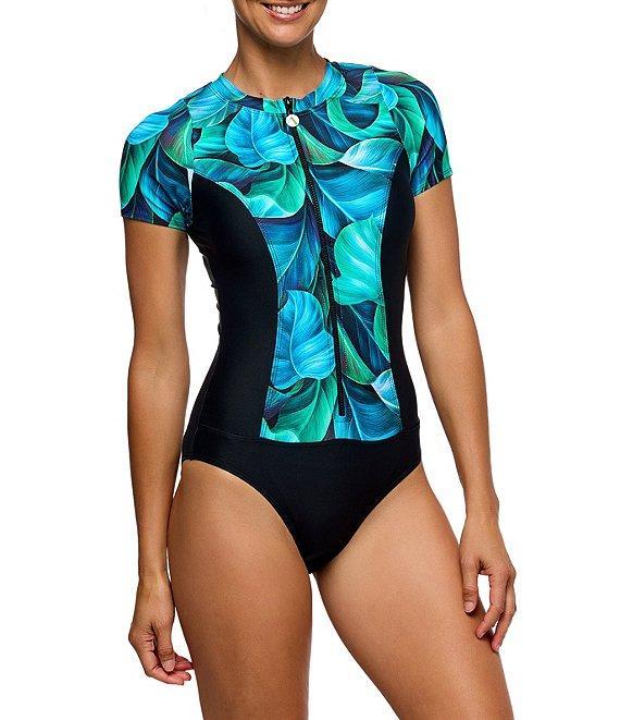 Athena Next by Athena Curacao Palm Leaf Scuba Crew Neck Short Sleeve Front Zip One Piece Swimsuit Product Image