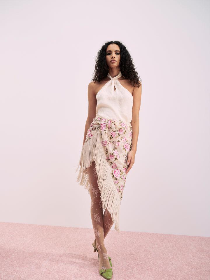 Esme Rose Embroidered Asymmetrical Skirt — Neutral Product Image