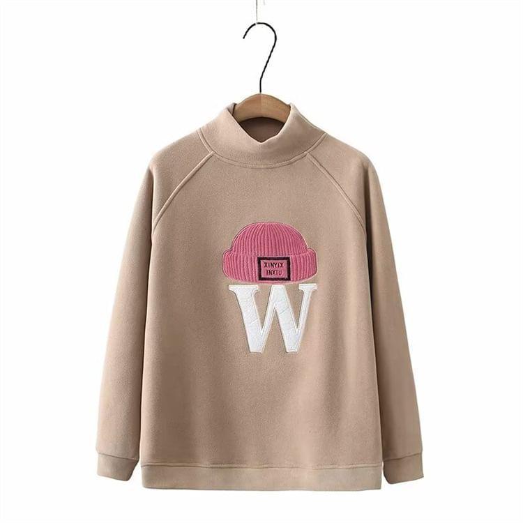 Plus Size Raglan-Sleeve Turtleneck Beanie Applique Sweatshirt Product Image