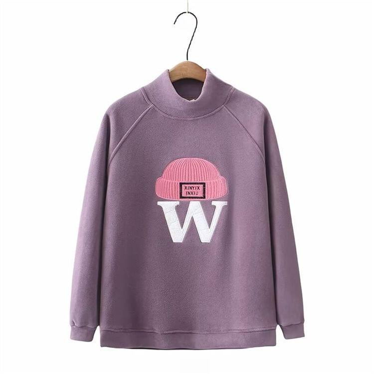 Plus Size Raglan-Sleeve Turtleneck Beanie Applique Sweatshirt Product Image