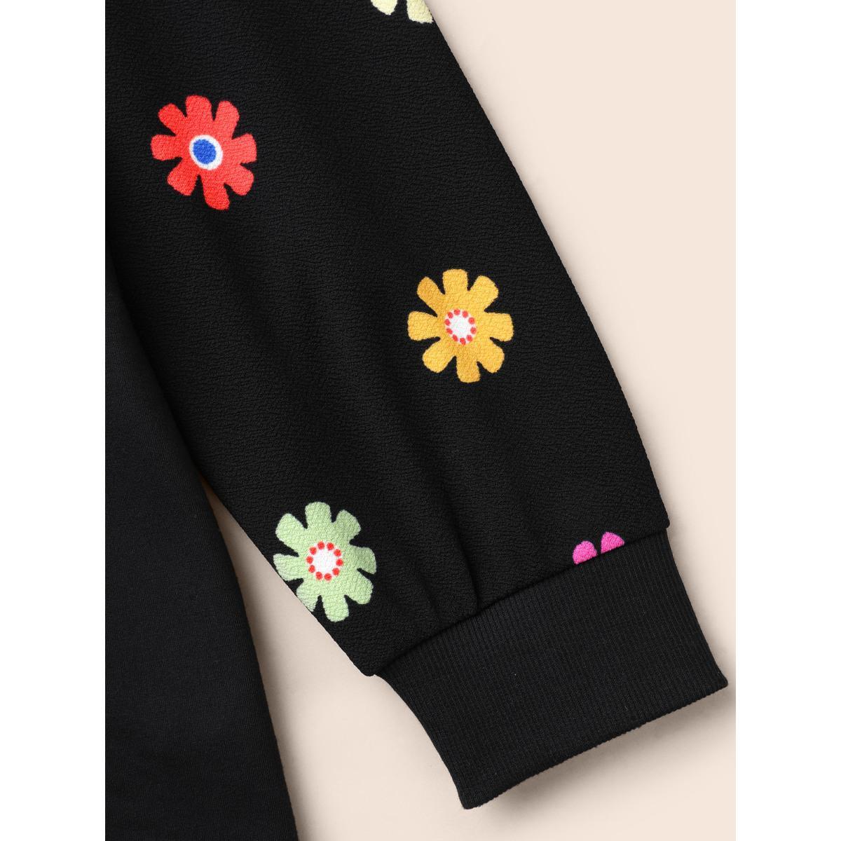 Plus Size V Neck Floral Slightly Stretchy Sweatshirt Women Black Elegant Contrast Non Everyday Sweatshirts BloomChic 18-20/2X Product Image