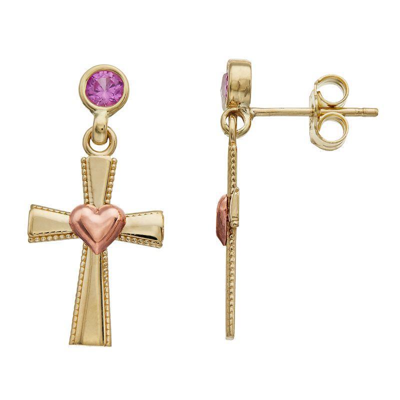 Kristen Kesho 10k Gold Lab-Created Gemstone Birthstone Heart Cross Dangle Earrings, Women's, Feb Product Image