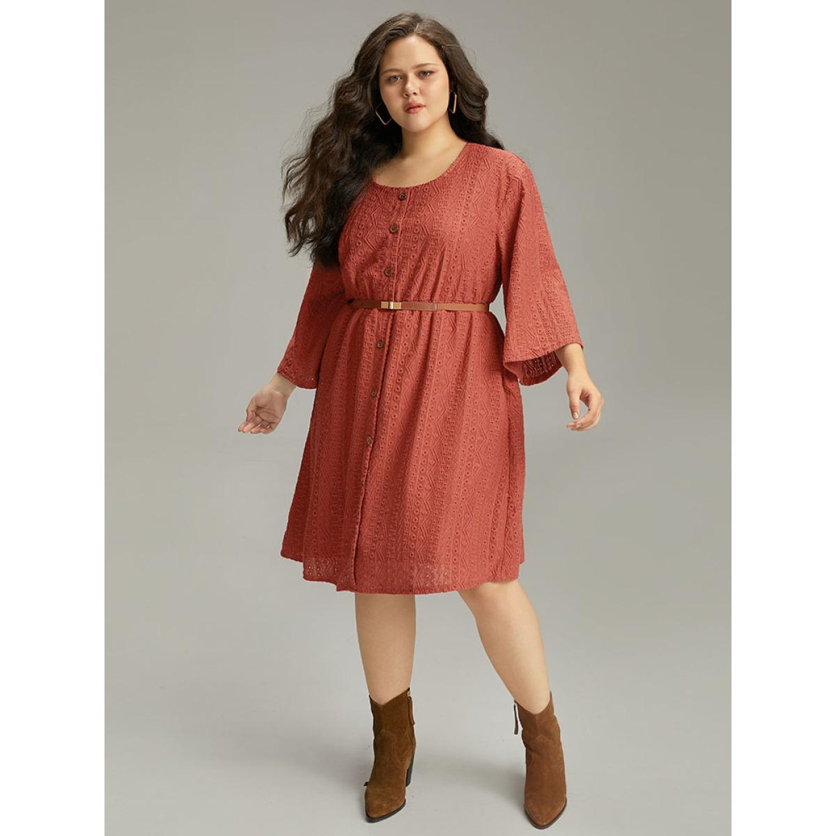 Plus Size Broderie Anglaise Button Through Pocket Dress Rust Women Casual Texture Round Neck Long Sleeve Curvy Knee Dress BloomChic 28/5X Product Image