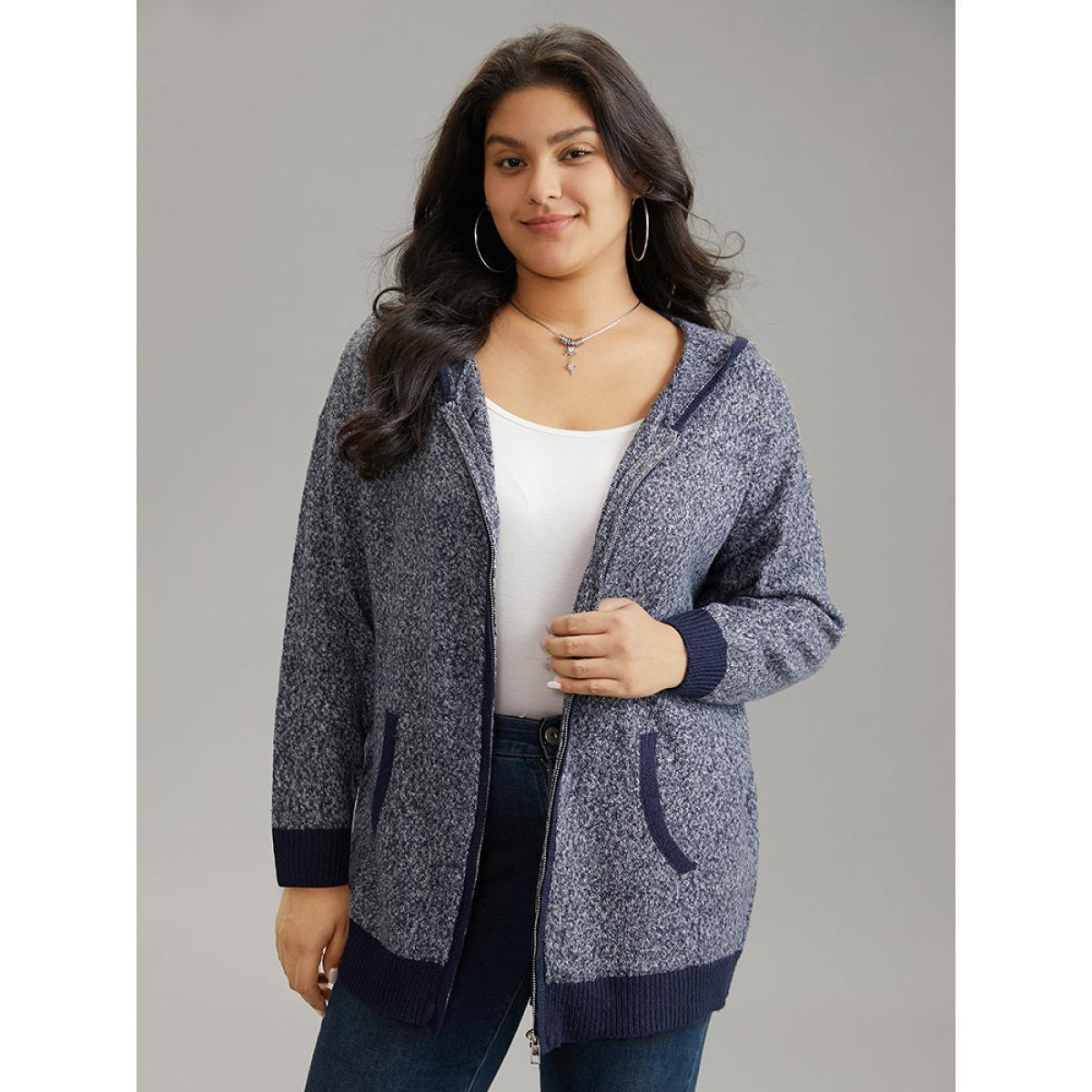 Plus Size Supersoft Essentials Contrast Trim Heather Pocket Zipper Cardigan Midnight Women Casual Loose Long Sleeve Dailywear Cardigans BloomChic 30/6X Product Image
