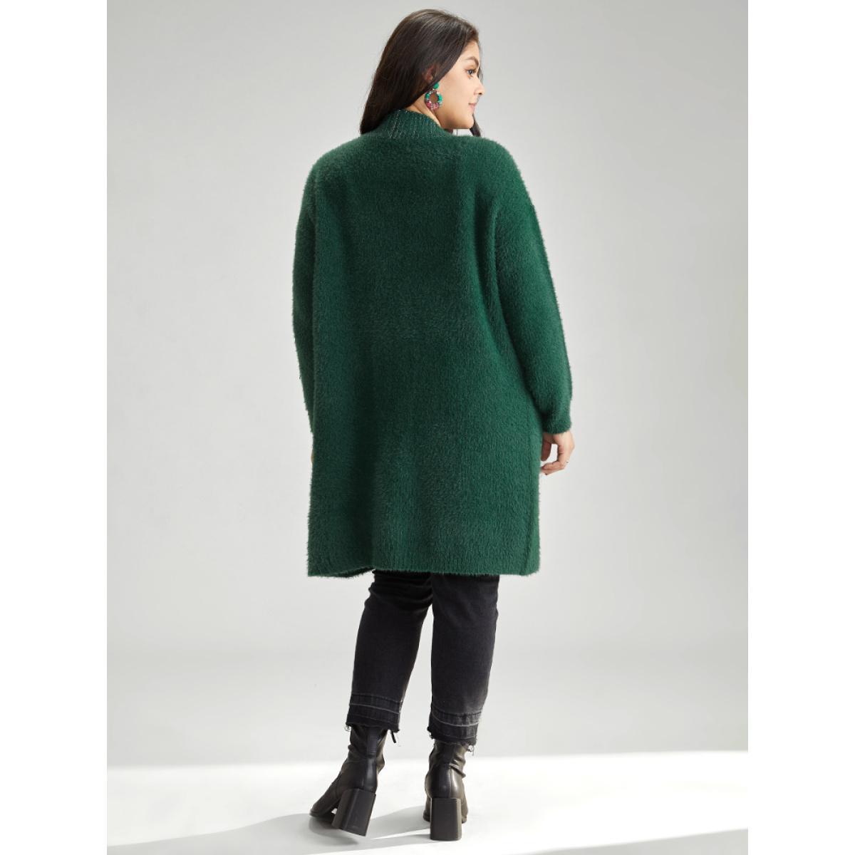 Plus Size Lurex Fuzzy Patched Pocket Tunic Cardigan DarkGreen Women Casual Loose Long Sleeve Dailywear Cardigans BloomChic 26/4X Product Image