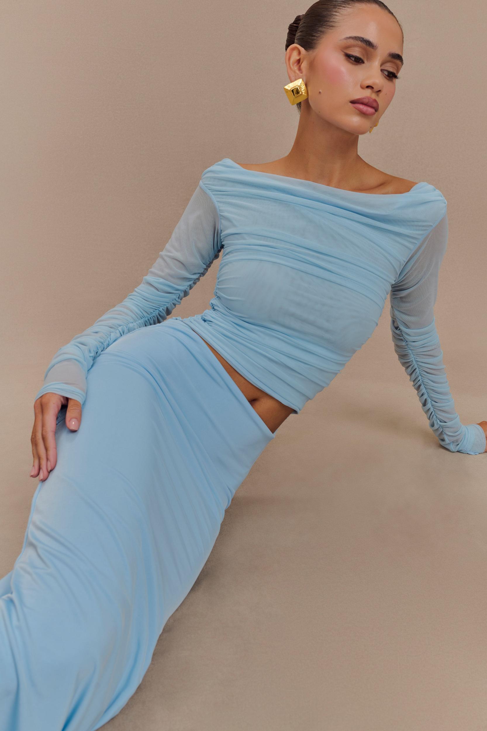 Darla Mesh And Slinky Off Shoulder Maxi Dress - Sky Blue Product Image