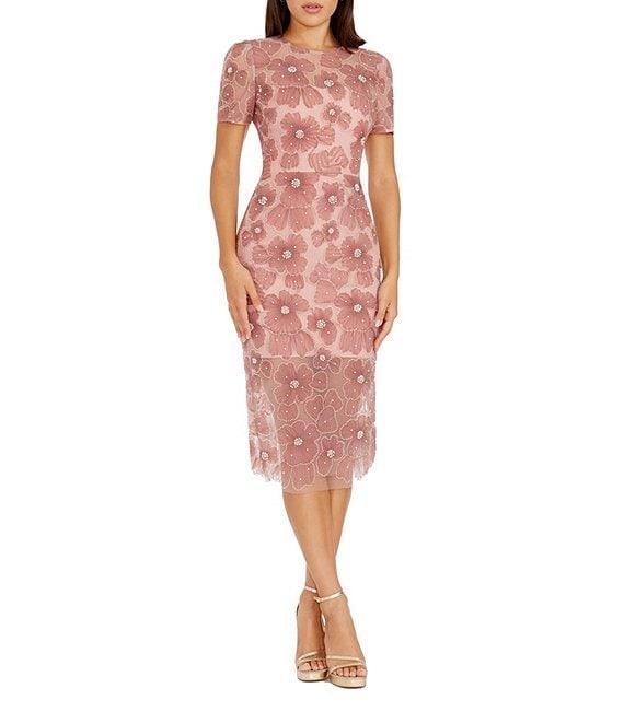 Dress the Population Lia Floral Mesh Crew Neck Short Sleeve Midi Dress Product Image