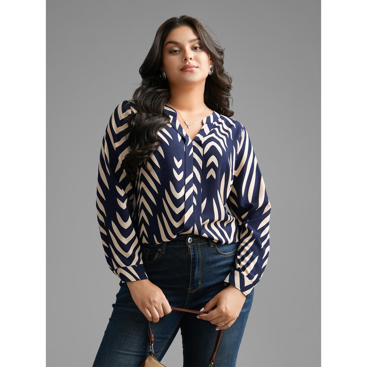 Plus Size Indigo Geometric Notched Pleated Slit Hem Blouse Women At the Office Extra Long Sleeve Notched collar Work Blouses BloomChic 12/L Product Image