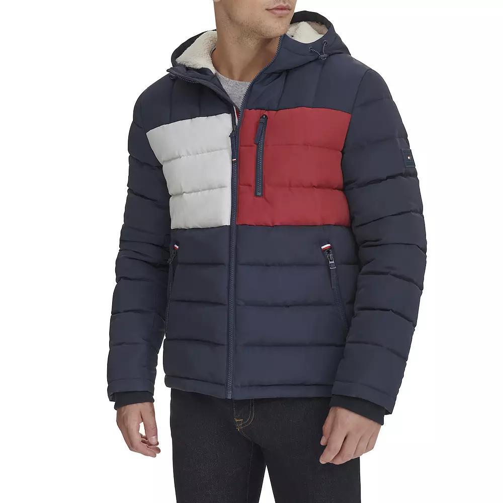Men's Tommy Hilfiger Hooded Puffer Jacket with Sherpa Lined Hood, Size: Medium, Blue Colorblock Product Image