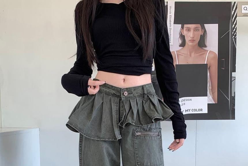 High Rise Ruffle Asymmetrical Wide Leg Jeans Product Image