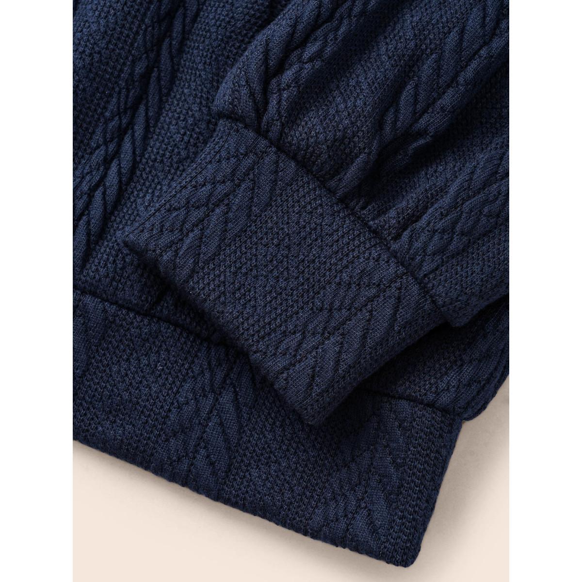 Plus Size Solid Cable Knit Hooded Drawstring Sweatshirt Women DarkBlue Casual Texture Hooded Everyday Sweatshirts BloomChic 12/L Product Image