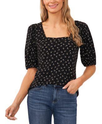 CeCe Womens Printed Square-Neck Puff-Sleeve Knit Top Product Image