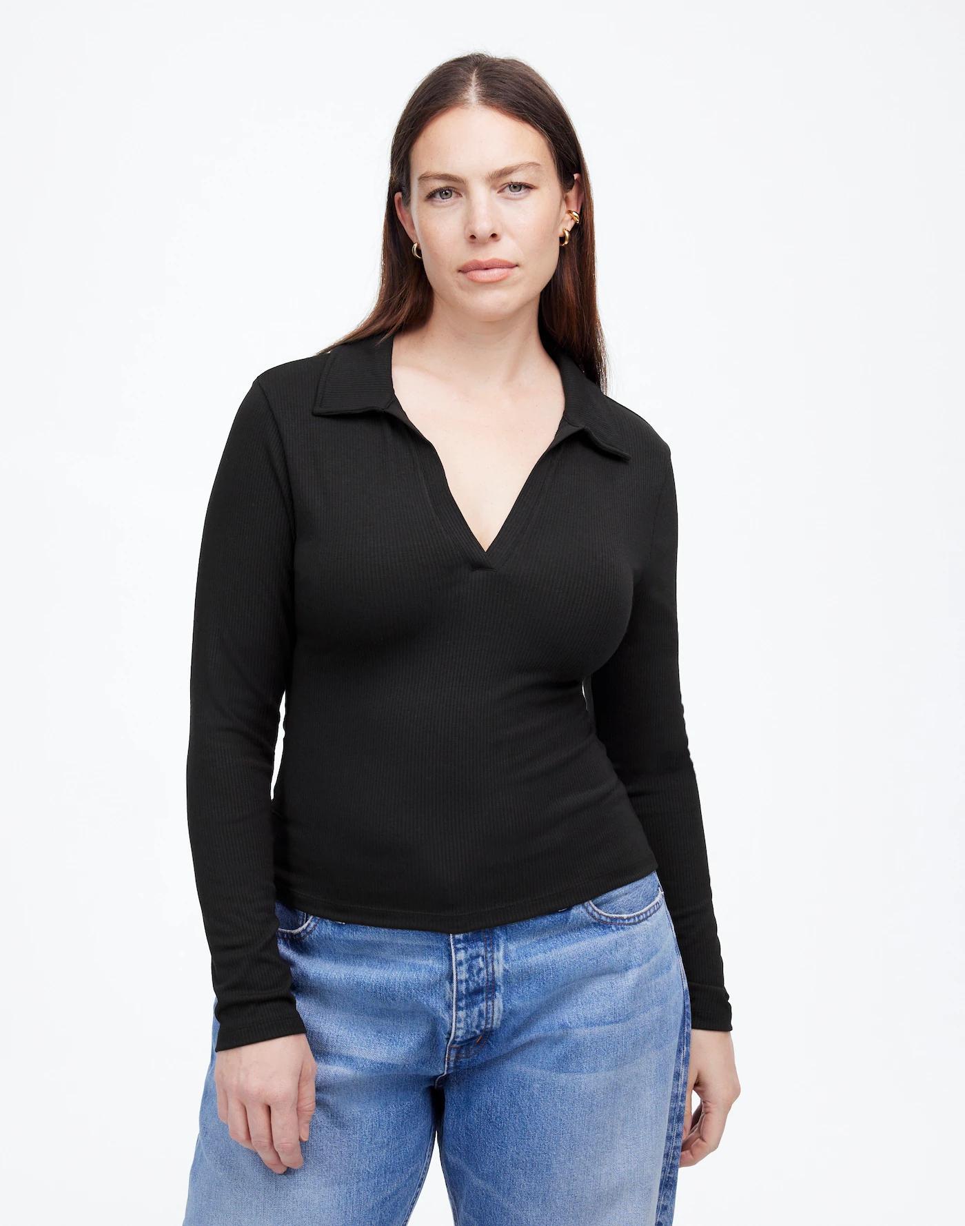 Drapey Rib Long-Sleeve Polo Top Product Image