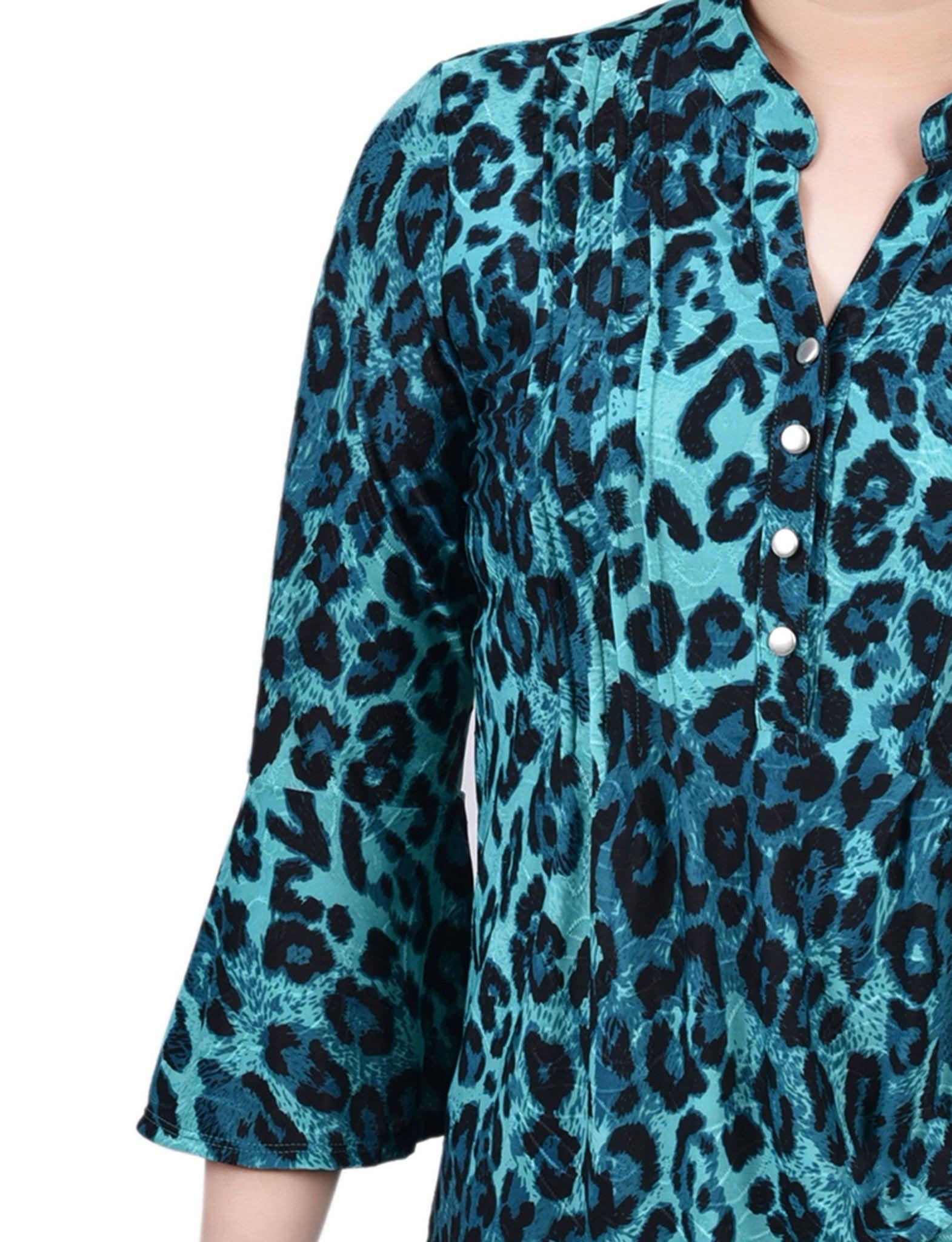 Dark Teal Skin 3/4 Bell Sleeve Pleat Front Y Neck Top - Petite Product Image