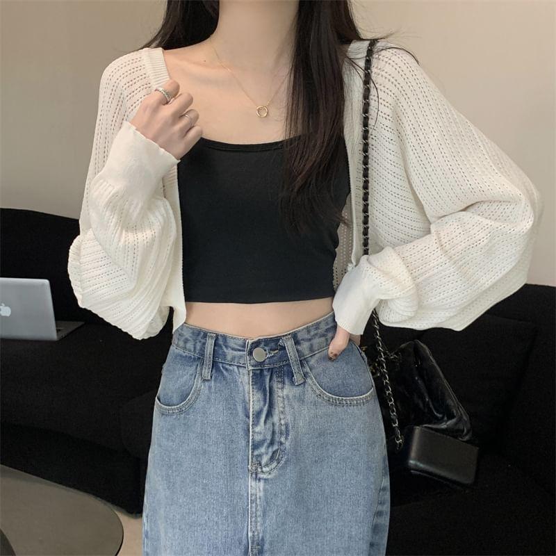 Plain Pointelle Cropped Open Front Cardigan Product Image