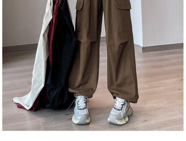 Drawstring Waist Plain Wide Leg Cargo Pants Product Image