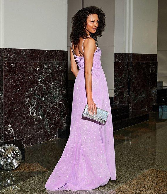 Jump Glitter Embellished Bust Sweetheart Neck Spaghetti Strap Sash Side Slit Gown Product Image