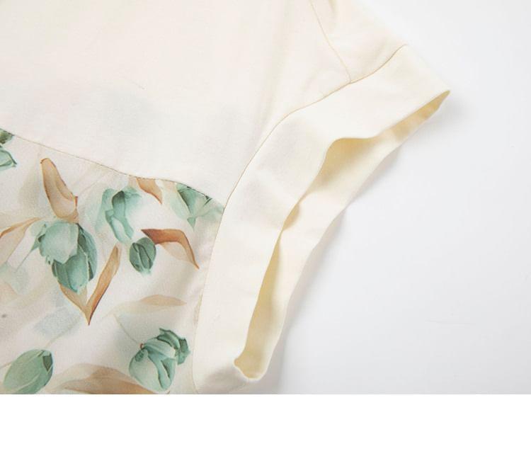 Short-Sleeve Crew Neck Mock Two-Piece Floral Print Panel Tie Side Midi A-Line Dress Product Image