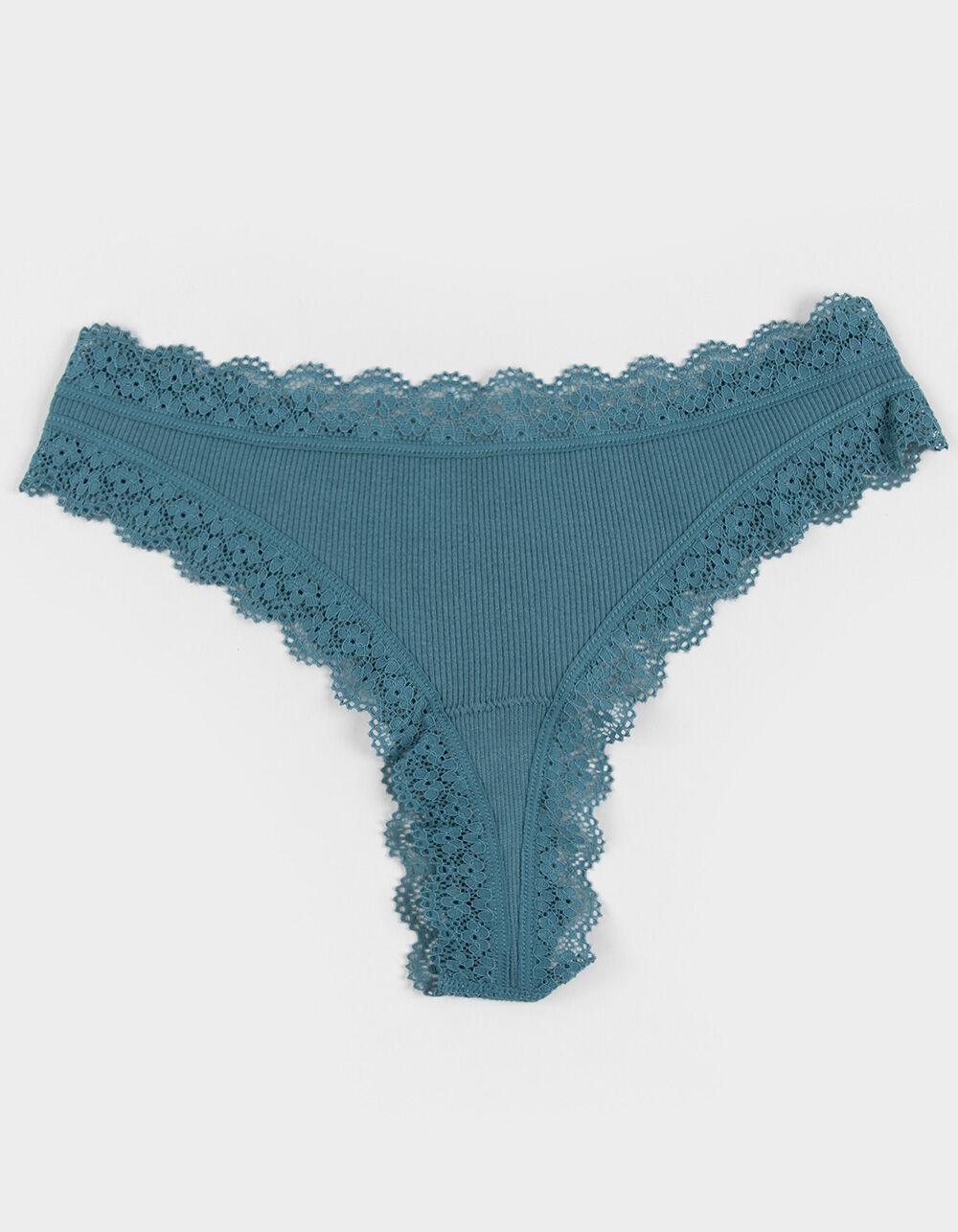 FULL TILT Seamless Rib Lace Trim Thong - BLUE Product Image
