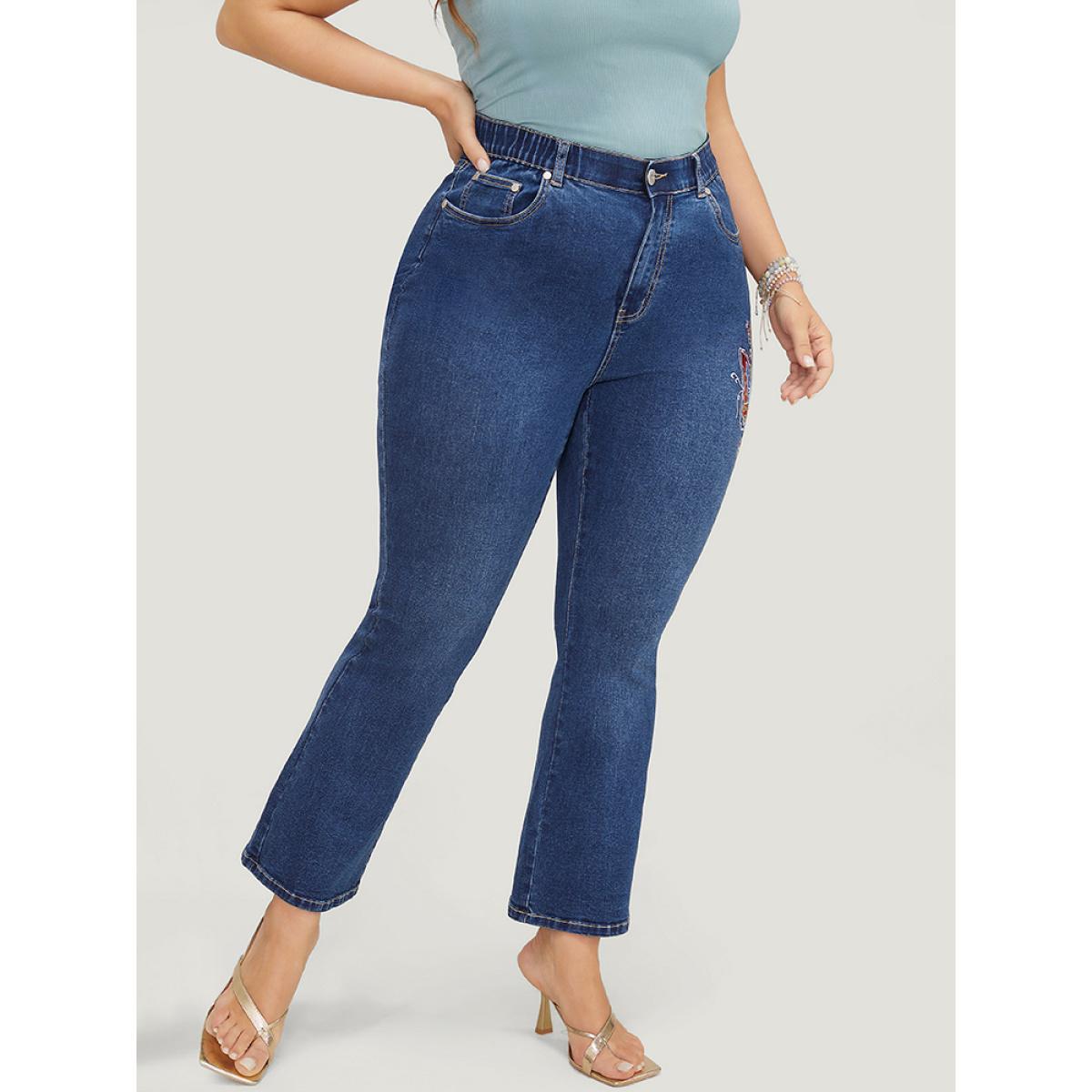 Plus Size Butterfly Embroidered Moderately Stretchy High Rise Dark Wash Bootcut Jeans Women Blue Elegant Plain Embroidered Medium stretch Pocket Jeans BloomChic 20/2X Product Image