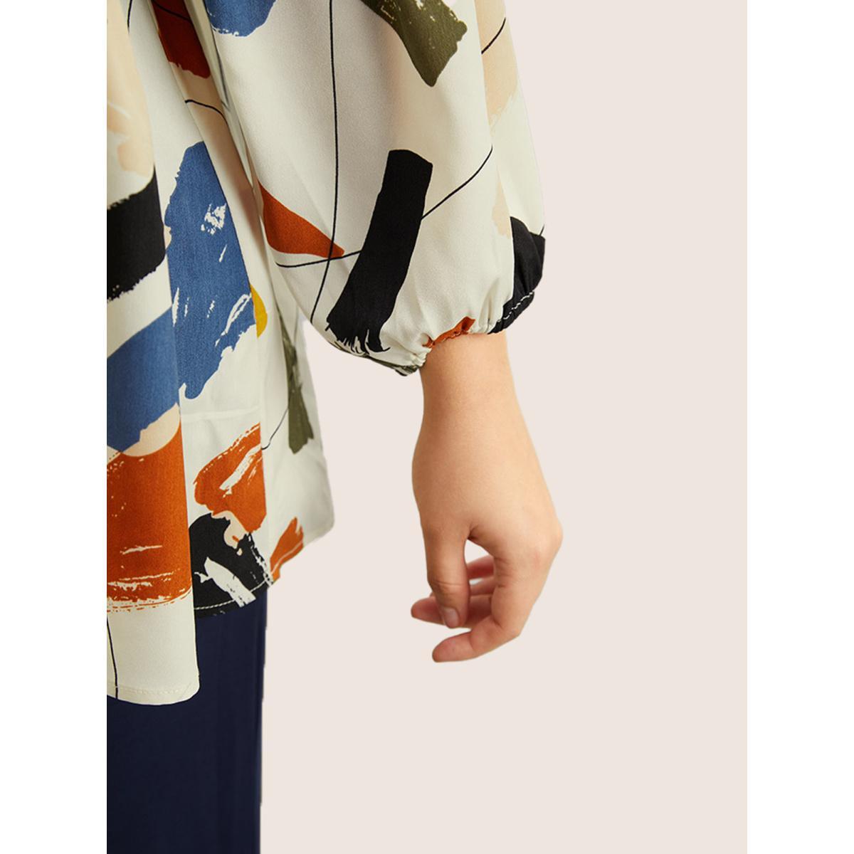 Plus Size Ivory Brush Print Button Detail Elastic Cuffs Blouse Women Casual Long Sleeve V-neck Everyday Blouses BloomChic 18-20/2X Product Image