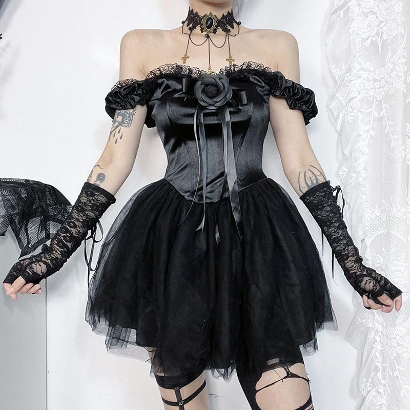 Off Shoulder Corset Waist Sheer Mini A-Line Dress Product Image