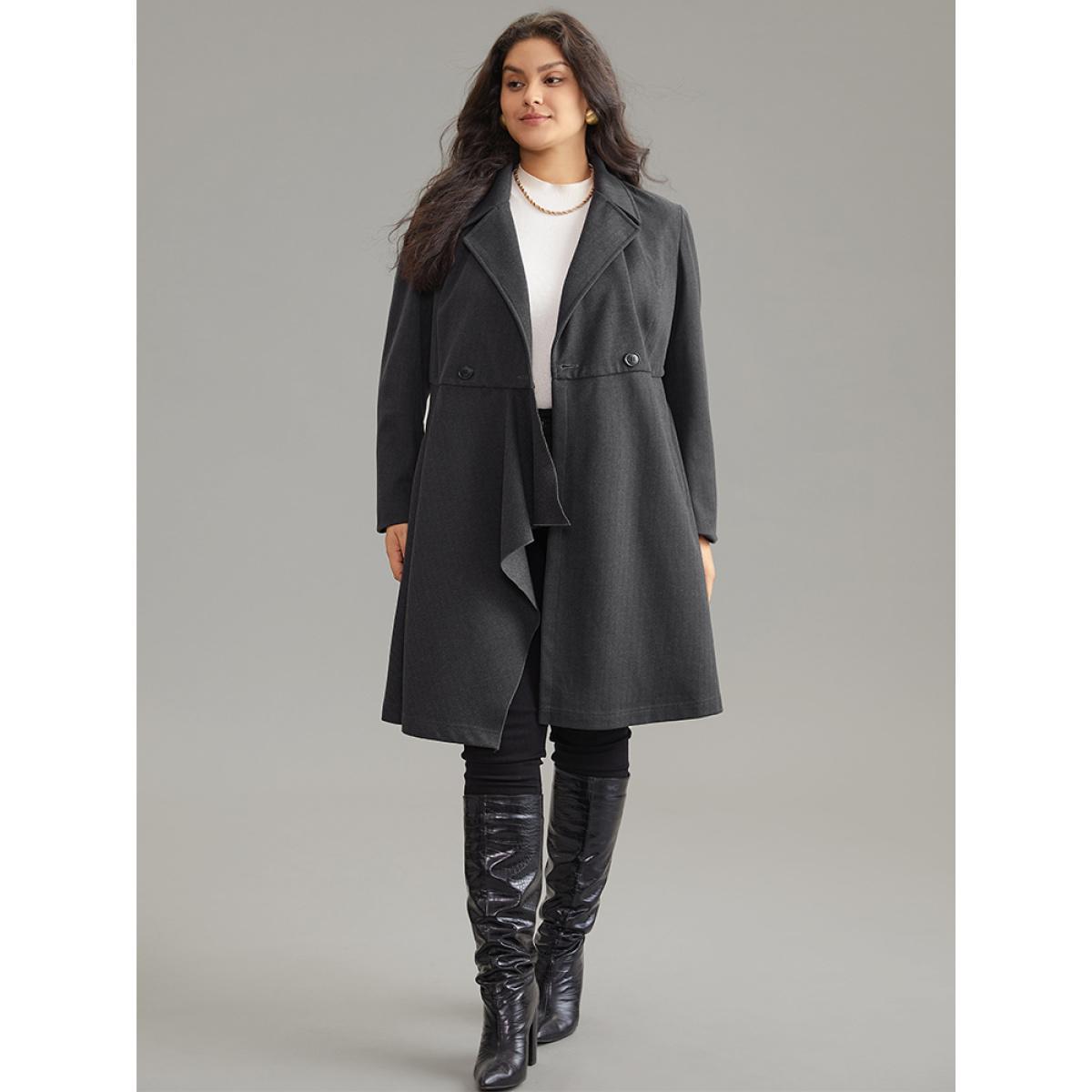 Plus Size Woolen Solid Button Up Ruffle Trim Coat Women Gray Elegant Asymmetrical Ladies Dailywear Winter Coats BloomChic 10/M Product Image