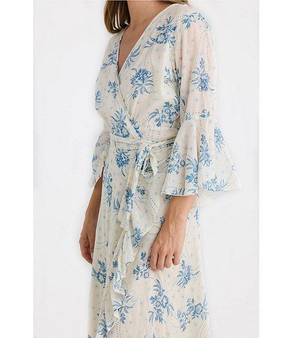 Talisman Carly Bluebell Woven Floral Print V-Neck 3/4 Bell Sleeve Wrap Dress Product Image