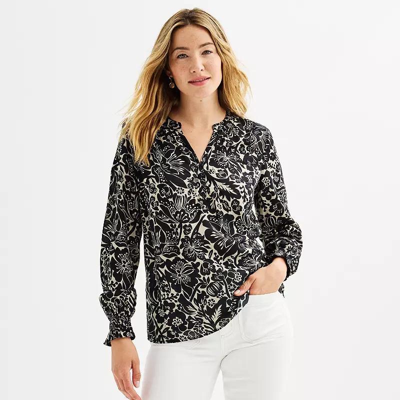 Womens Sonoma Goods For Life Smocked Wrist Popover Navy Pink Floral Product Image