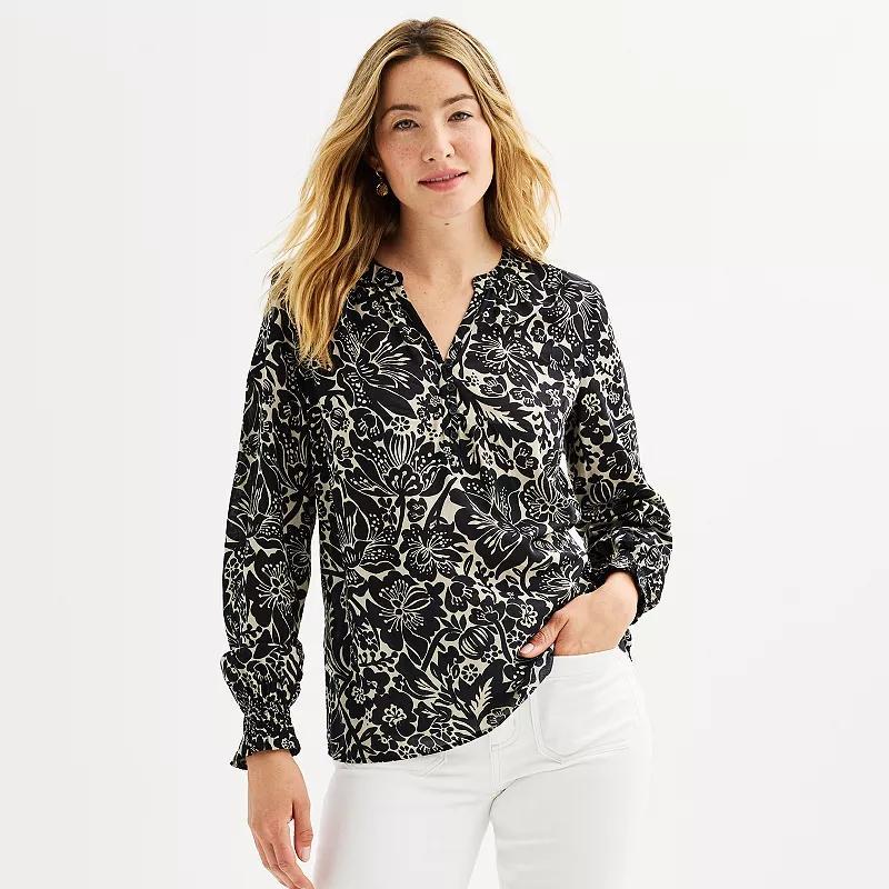 Womens Sonoma Goods For Life Smocked Wrist Popover Navy Pink Floral Product Image