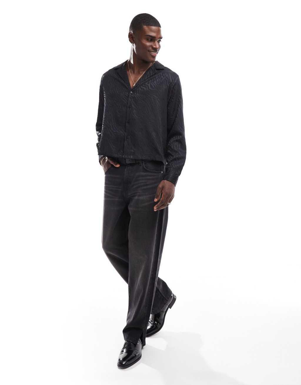 ASOS DESIGN boxy relaxed deep revere shirt in black zebra jacquard Product Image