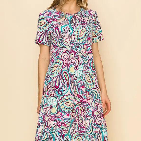 Women's Paisley Short Sleeve Midi Dress with Pockets Product Image