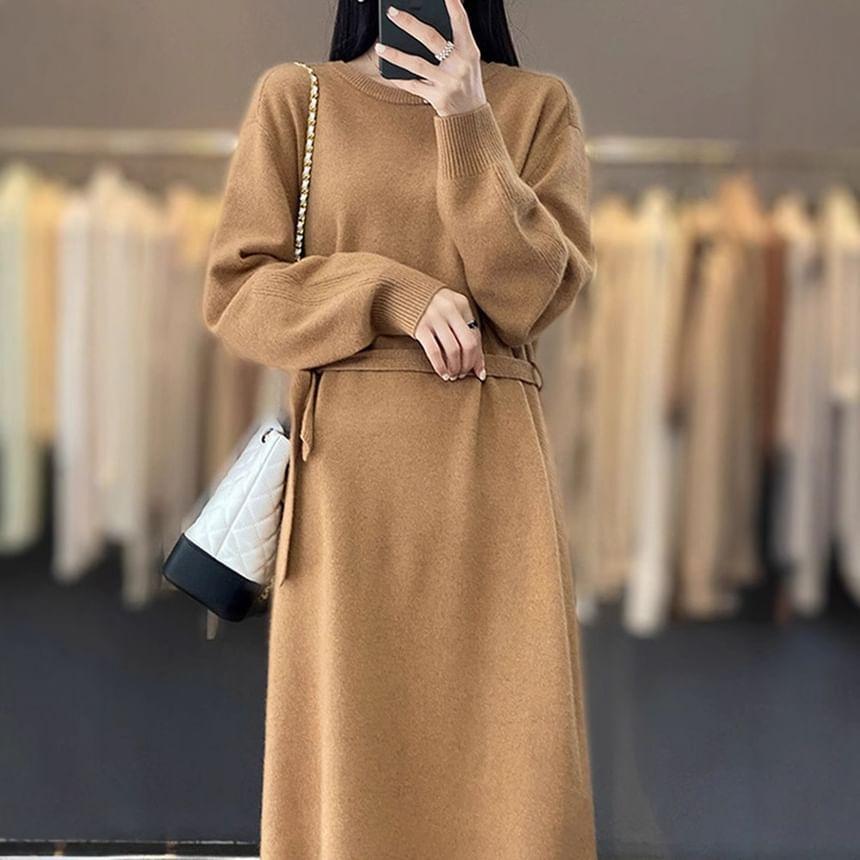 Set: Crew Neck Plain Midi Sweater Dress + Belt Product Image