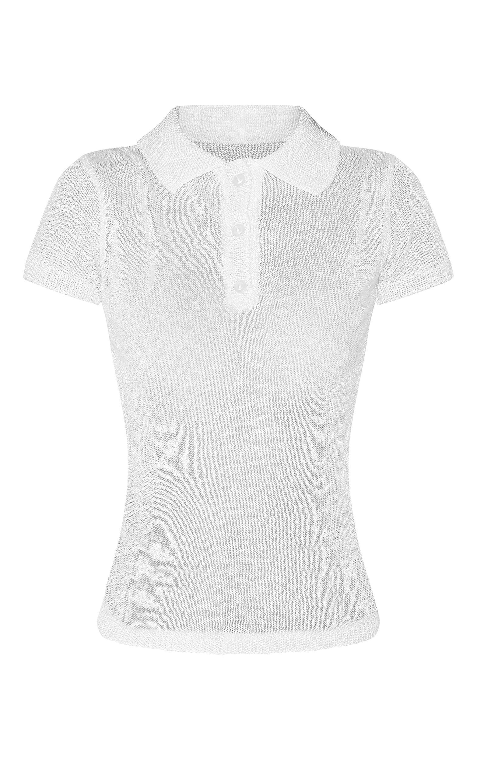 White Sheer Knit Polo Top Product Image
