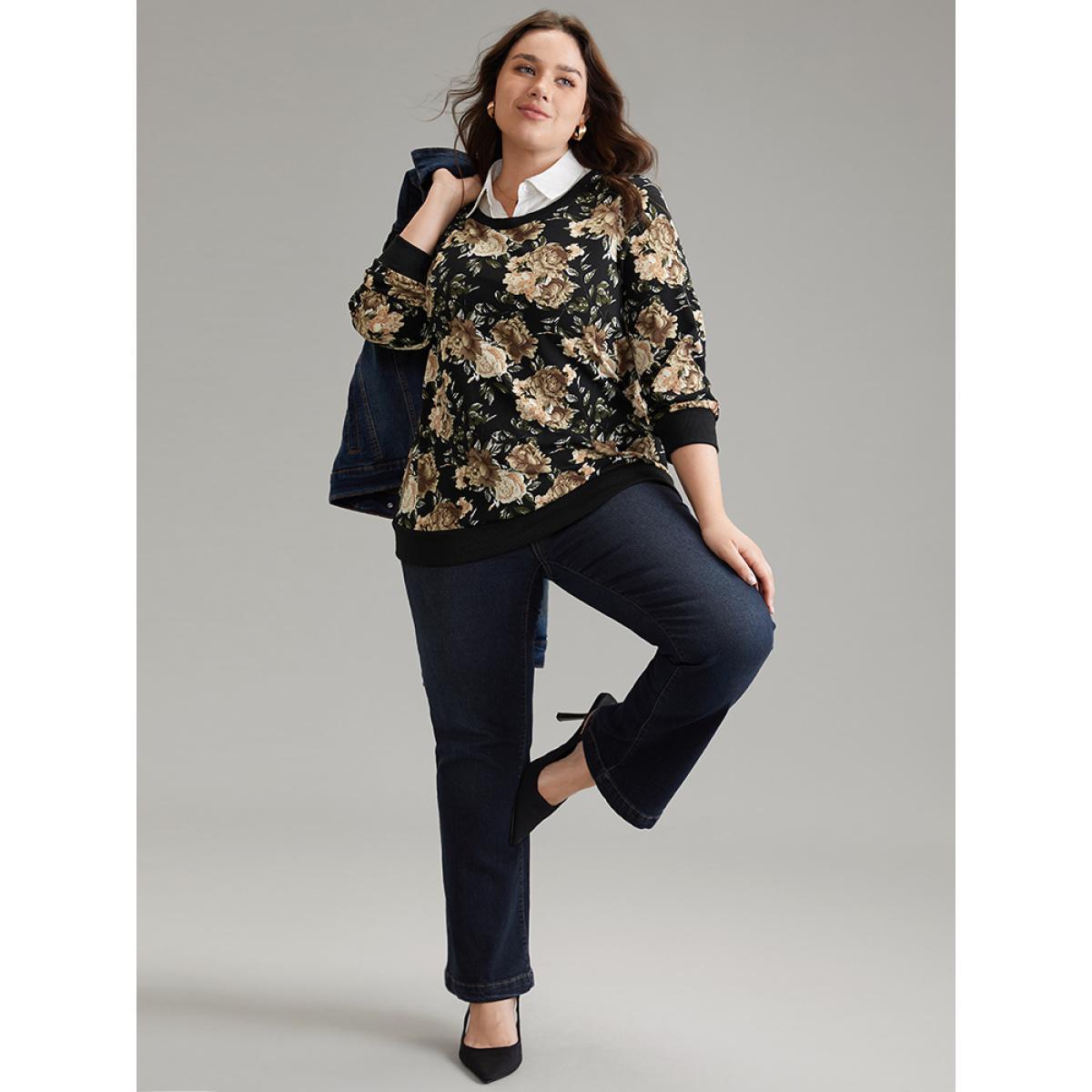 Plus Size 2-In-1 Floral Print Shirt Collar Sweatshirt Women BlackFlower Elegant Printed Shirt collar Dailywear Sweatshirts BloomChic 10/M Product Image